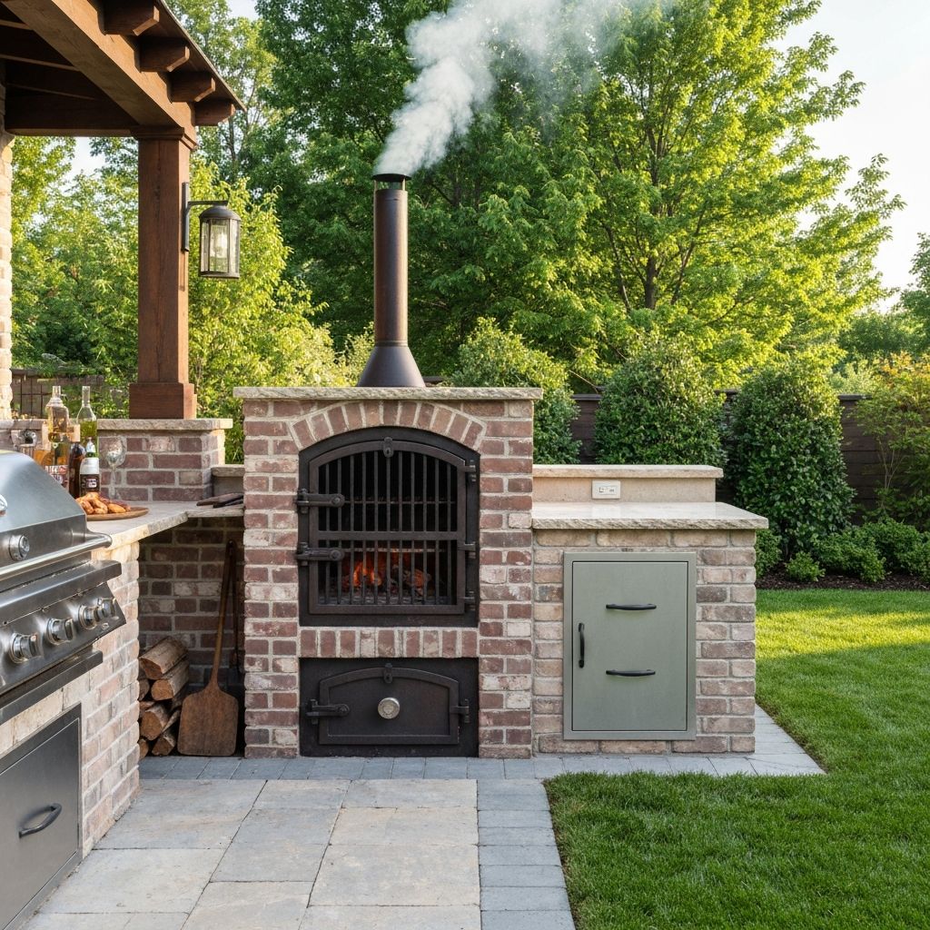 A custom brick and stone BBQ smoker built into a residential backyard