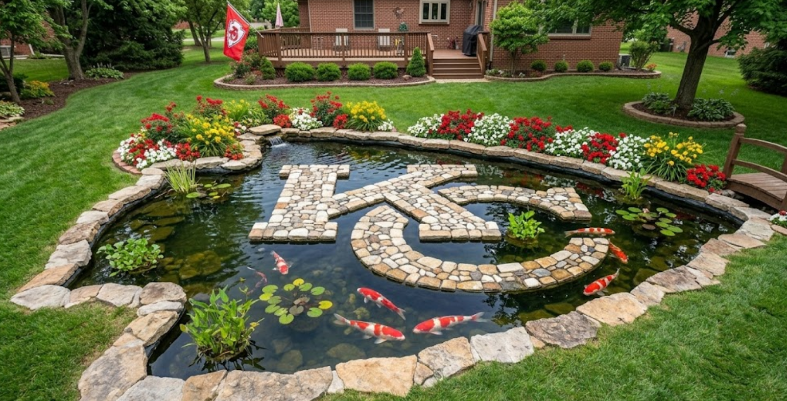 Kansas City Chiefs inspired backyard pond with stone KC mosaic, red and white koi, Chiefs flag, and a wooden bridge