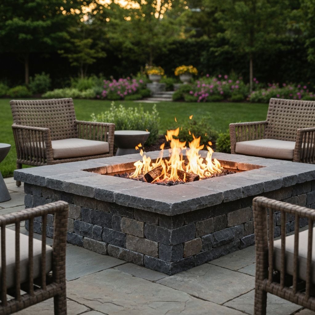 A custom stone fire pit with flames burning in a residential backyard