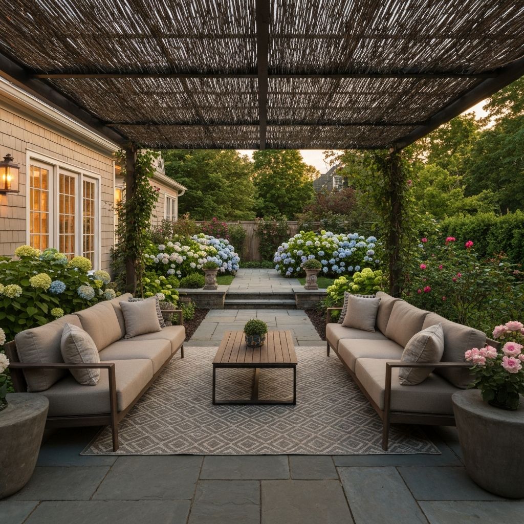 A cozy outdoor living room with sofas under a pergola