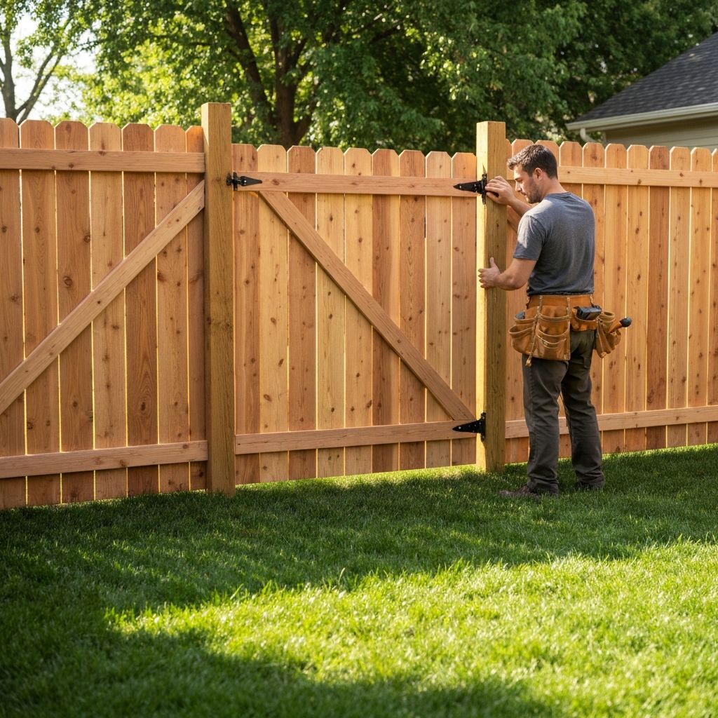 Fence and gate repair work in a Kansas City backyard