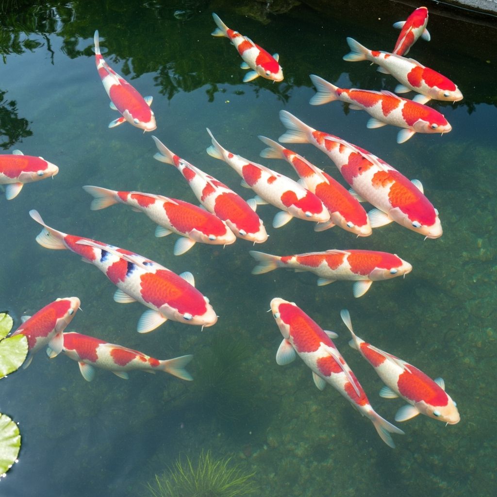 Red and white Kohaku koi fish swimming in a backyard pond - perfect for a Chiefs-themed water feature